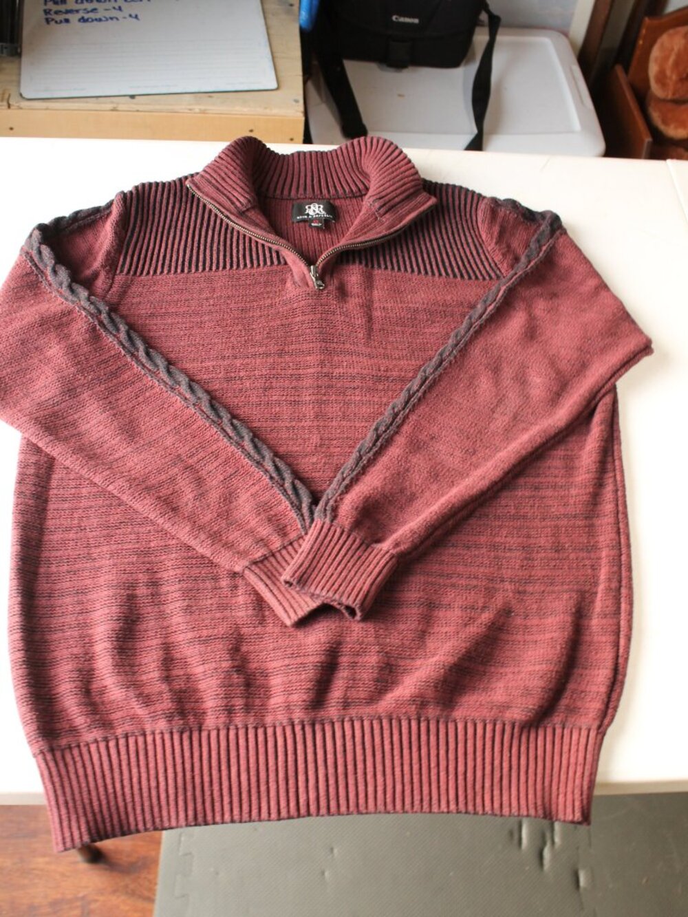 Rock & Republic Men XL Quarter Zip Sweater Red Black Marled Cotton Chunky Knit